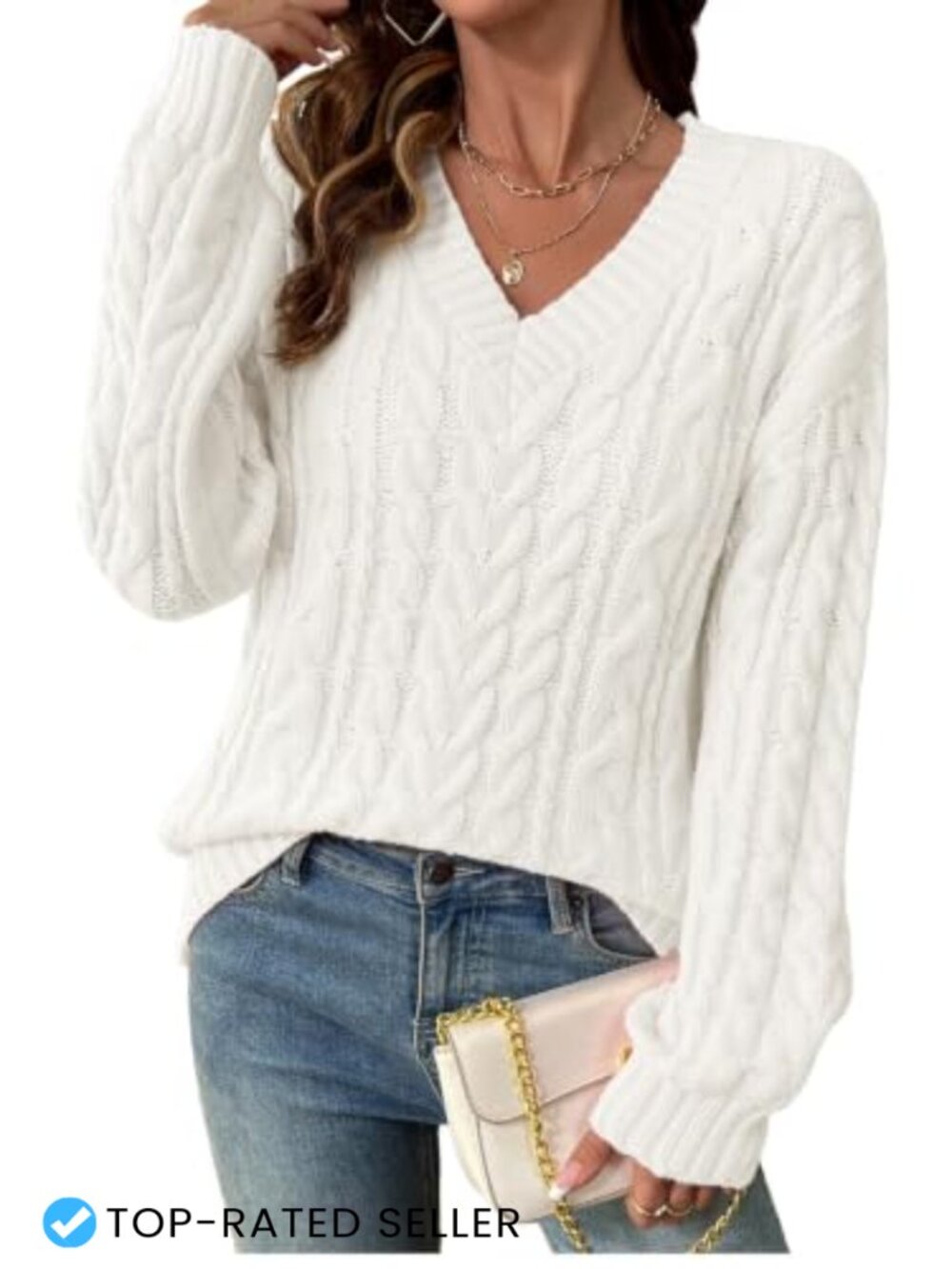 Womens Cable Knit V Neck Oversized Sweater Acrylic Blend Pullover